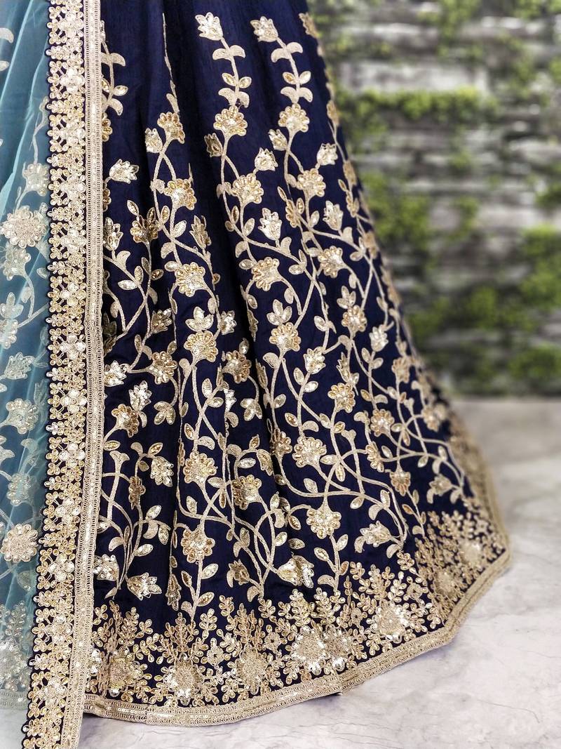 Navy Blue Banglory Silk Lehenga Choli with Applique Embroidery work