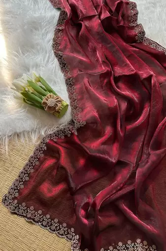 Wine Color Plain Fandy Satin Silk Saree