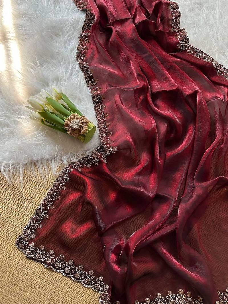 Wine Color Plain Fandy Satin Silk Saree