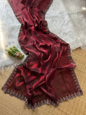 Wine Color Plain Fandy Satin Silk Saree 2