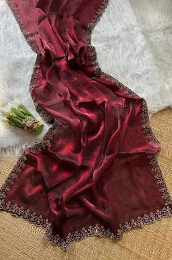 Wine Color Plain Fandy Satin Silk Saree