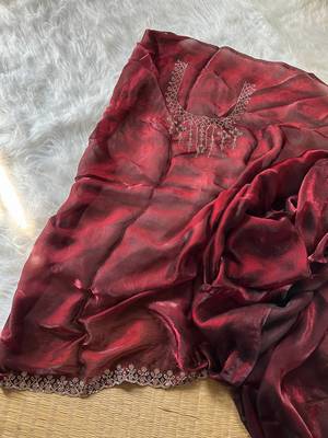 Wine Color Plain Fandy Satin Silk Saree 4