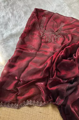 Wine Color Plain Fandy Satin Silk Saree
