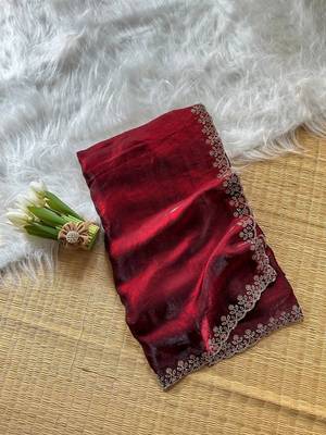 Wine Color Plain Fandy Satin Silk Saree 5