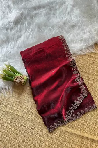 Wine Color Plain Fandy Satin Silk Saree