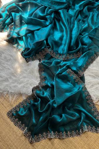 Teal Color Plain Fandy Satin Silk Saree