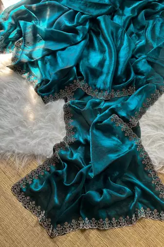 Teal Color Plain Fandy Satin Silk Saree