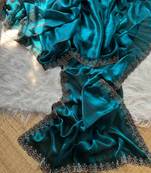Teal Color Plain Fandy Satin Silk Saree