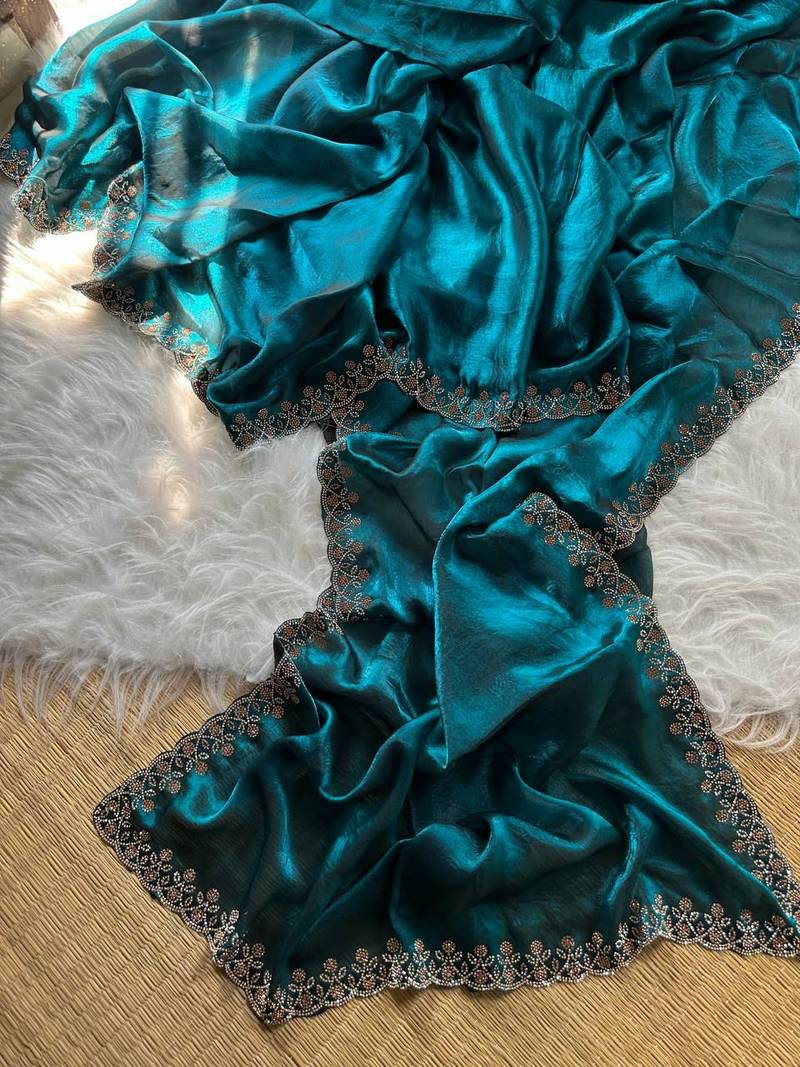 Teal Color Plain Fandy Satin Silk Saree