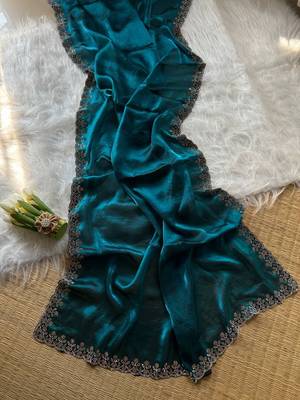 Teal Color Plain Fandy Satin Silk Saree 2