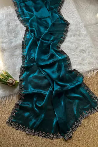 Teal Color Plain Fandy Satin Silk Saree