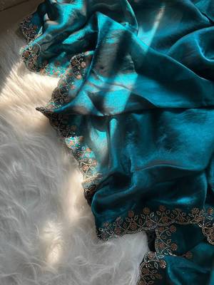 Teal Color Plain Fandy Satin Silk Saree 3