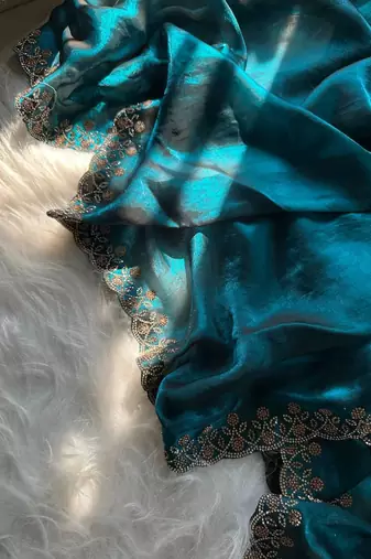 Teal Color Plain Fandy Satin Silk Saree