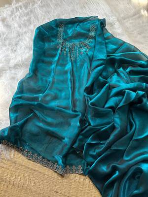 Teal Color Plain Fandy Satin Silk Saree 4