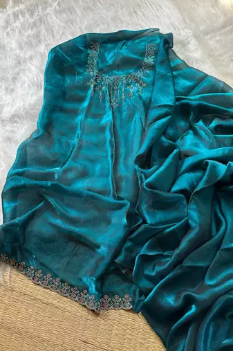 Teal Color Plain Fandy Satin Silk Saree