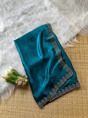 Teal Color Plain Fandy Satin Silk Saree 5