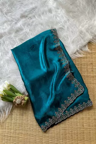 Teal Color Plain Fandy Satin Silk Saree