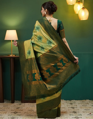 pista green silk blend banarasi saree with unstitched blouse piece 2