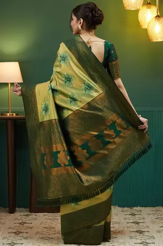 pista green silk blend banarasi saree with unstitched blouse piece