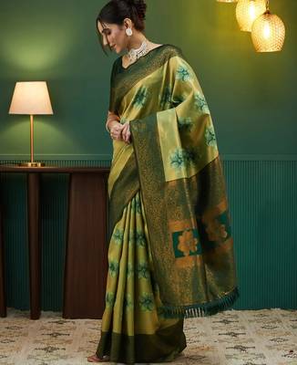 pista green silk blend banarasi saree with unstitched blouse piece 3