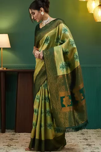 pista green silk blend banarasi saree with unstitched blouse piece