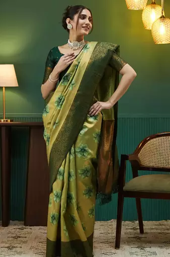 pista green silk blend banarasi saree with unstitched blouse piece