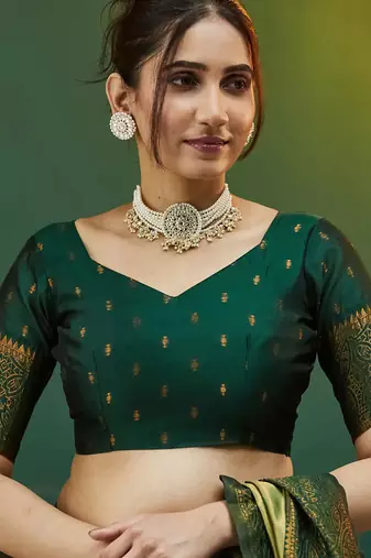 pista green silk blend banarasi saree with unstitched blouse piece