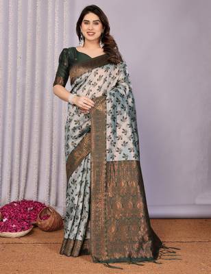 sea green silk blend banarasi saree with unstitched blouse piece 2