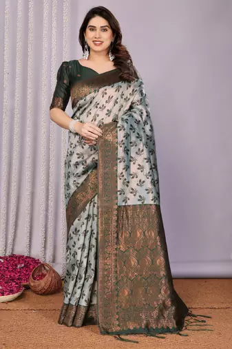 sea green silk blend banarasi saree with unstitched blouse piece