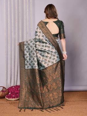 sea green silk blend banarasi saree with unstitched blouse piece 3
