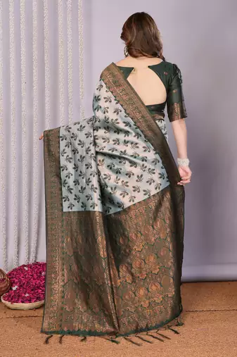 sea green silk blend banarasi saree with unstitched blouse piece