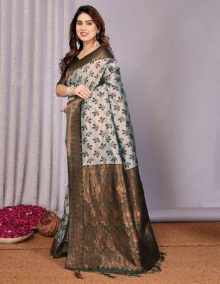 sea green silk blend banarasi saree with unstitched blouse piece 4