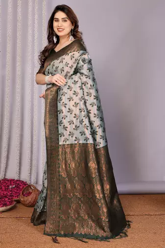 sea green silk blend banarasi saree with unstitched blouse piece