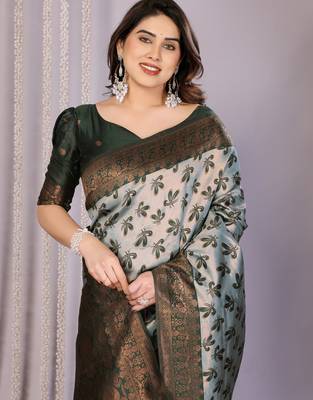 sea green silk blend banarasi saree with unstitched blouse piece 1