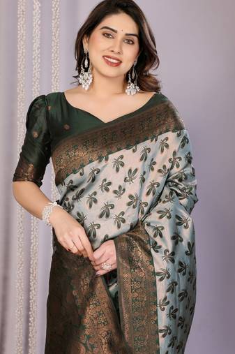 sea green  soft art silk blend banarasi jacuard work designer party wear saree with unstitched blouse piece