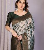 sea green silk blend banarasi saree with unstitched blouse piece