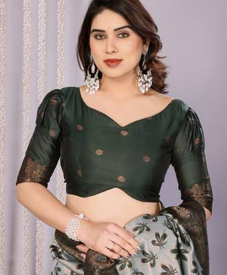 sea green silk blend banarasi saree with unstitched blouse piece 5
