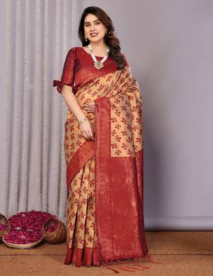 cream maroon silk blend banarasi saree with unstitched blouse piece 2