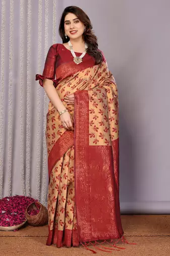 cream maroon silk blend banarasi saree with unstitched blouse piece