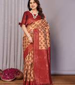 cream maroon   soft art silk blend banarasi jacuard work designer party wear saree with unstitched blouse piece