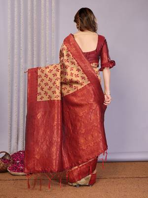 cream maroon silk blend banarasi saree with unstitched blouse piece 3