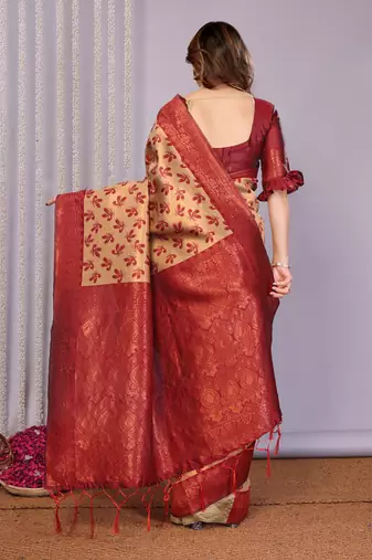 cream maroon silk blend banarasi saree with unstitched blouse piece