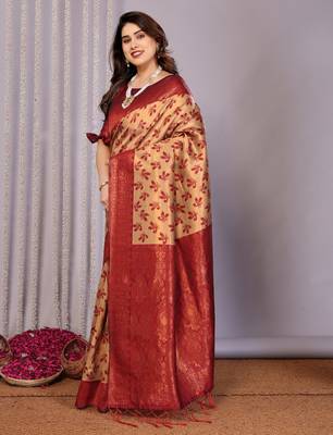 cream maroon silk blend banarasi saree with unstitched blouse piece 4