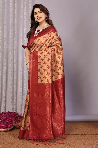 cream maroon silk blend banarasi saree with unstitched blouse piece