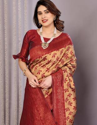 cream maroon silk blend banarasi saree with unstitched blouse piece 1