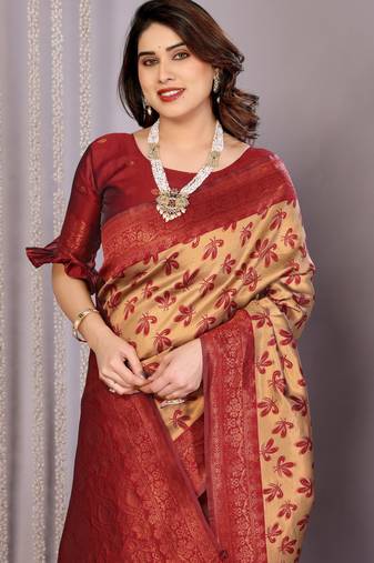 cream maroon   soft art silk blend banarasi jacuard work designer party wear saree with unstitched blouse piece