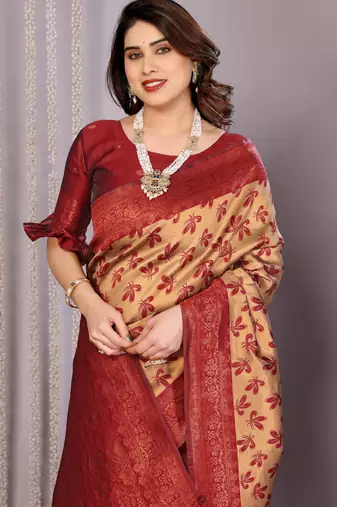 cream maroon   soft art silk blend banarasi jacuard work designer party wear saree with unstitched blouse piece