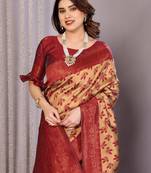 cream maroon silk blend banarasi saree with unstitched blouse piece