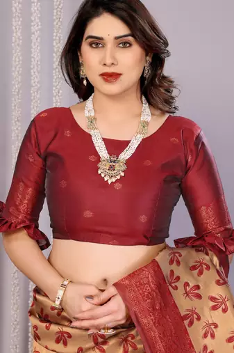 cream maroon silk blend banarasi saree with unstitched blouse piece