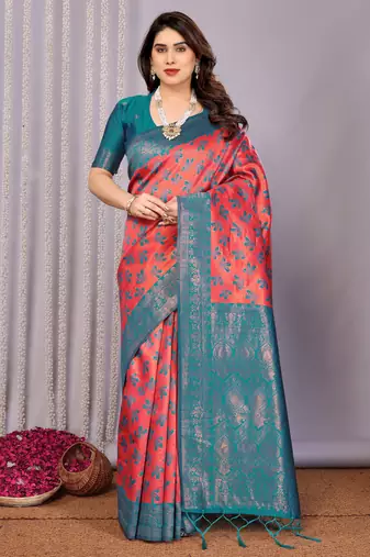 gajri rama silk blend banarasi saree with unstitched blouse piece